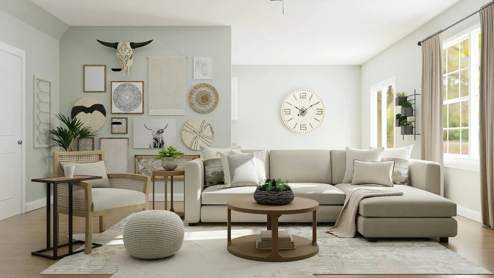 Sala de estar com sofá claro e mesa de centro